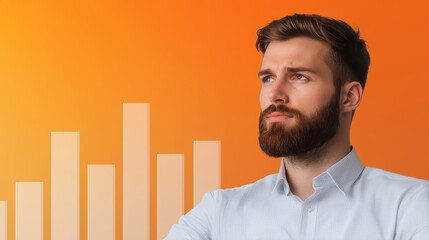Thoughtful young man in a button-down shirt with an orange gradient background and financial bar graphs, illustrating contemplation and analysis