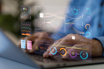 Business analytics, complex data with dashboards, multitasking expert data analyzing financial statistics, market research and digital marketing metrics, KPI, ROI, big data, financial planning