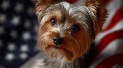 Yorkshire terrier poses proudly in front of American flag for a patriotic display during summer festivities