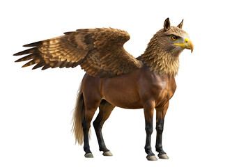 A rendered hippogriff with eagle headwings  horse body stands on a black background
