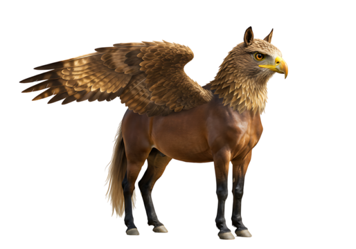 A rendered hippogriff with eagle headwings  horse body stands on a black background