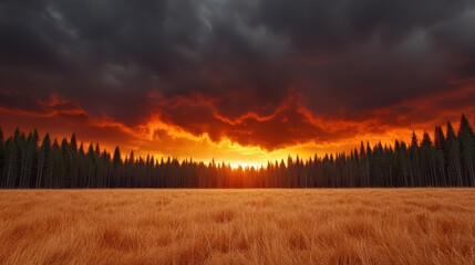 Fototapeta premium Majestic Sunset Over Lush Grassland and Dark Forest Under Dramatic Cloudy Skies