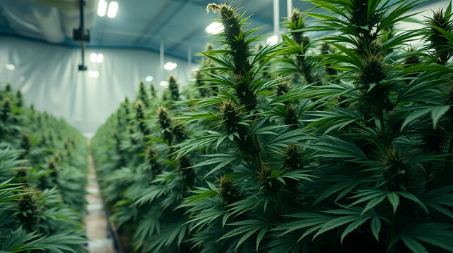 Cinematic moving shot of large marijuana cannabis grow operation. Shot in 4K.