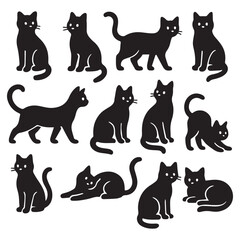 Cute black silhouette cats in various poses.