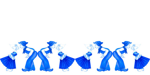 Seamless pattern of boy and girl in traditional clothing sharing a kiss. Blue-and-white Delftware style, classic ceramic art for souvenirs, postcards, kitchen decor, nostalgic, romantic