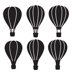 Six simple black hot air balloon silhouettes against a white background.