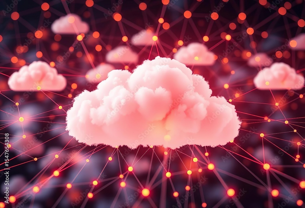 Poster abstract network of interconnected clouds, symbolizing data storage and cloud computing, vector, dig