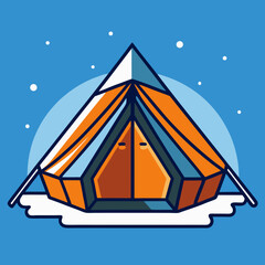 Geometric Orange and Blue Camping Tent Illustration in Winter Scene.