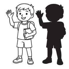 Smiling schoolboy waving, outline and silhouette design.