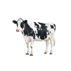 A realistic depiction of a dairy cow standing on a plain background. highlighting its distinctive black and white markings. suitable for agricultural themes and educational purposes