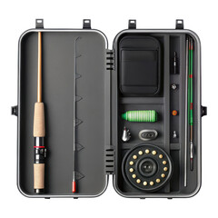 Fototapeta premium Open gray fishing rod case containing two rods reel lures and accessories