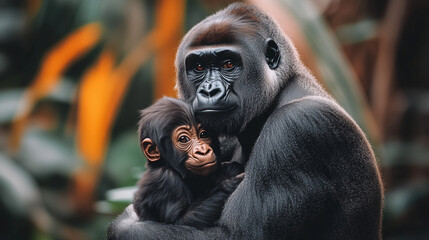 Mother Gorilla Holding Baby in Lush Jungle Environment