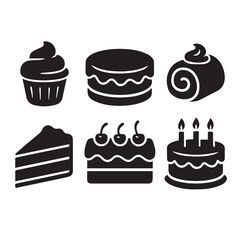 Simple black silhouette icons of various sweet treats for a bakery or dessert shop.