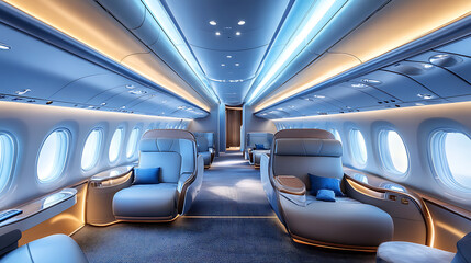 A first-class cabin inside an airplane, long-haul travel in comfort