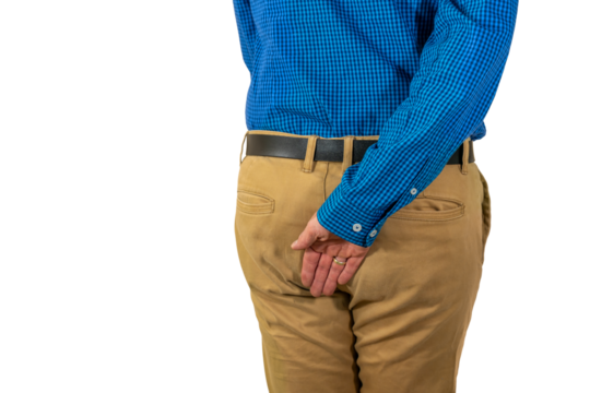 Rear view of man with hand on buttocks, possibly suggesting discomfort, itching or humorous body language. Isolated. Transparent png
