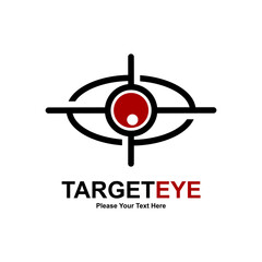 This bold vector logo, "TARGET EYE," powerfully combines the concept of vision with precise targeting. The design features a stylized eye, with the pupil represented as a red bullseye, and surrounding