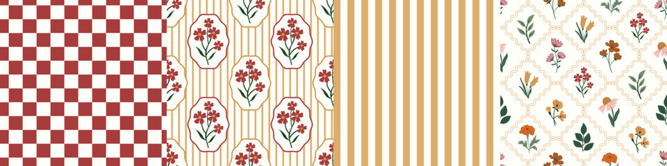 Set of 4 seamless pattern autumn colors cottagecore florals with stripes and gingham checks. Background for fabrics, fashion prints, banners, wallpaper, social media ads and backdrops. 