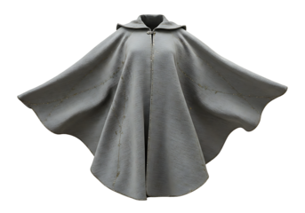A silverygray cape with a collar and scattered golden detailing seemingly floating against a black backdrop
