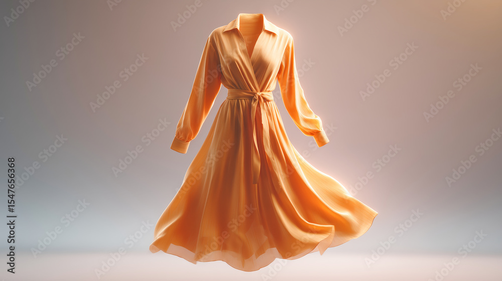 Poster this captivating display features a gracefully flowing dress in a warm shade, highlighting the intri