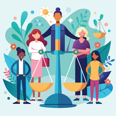 Diverse Women and Man Balanced on Scales with Teal Background