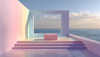 Fototapeta premium A minimalist podium stage with pastel colors, set against the backdrop of an ocean view. The scene is illuminated by soft morning light, creating gentle shadows and highlights on the colorful walls. 