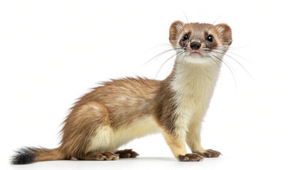 Obraz premium Adorable Stoat Posing Against White Background, Studio Shot