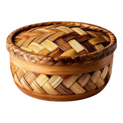 Woven bamboo basket with lid intricate light and dark brown hues isolate
