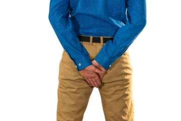 Male adult with both hands shielding buttocks area, suggesting discomfort or protection in health or social situations
