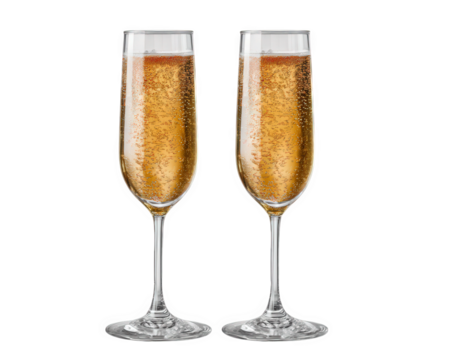 Two elegant champagne flutes filled with sparkling wine, golden bubbles rising, isolated on transparency background, celebration, festive, romantic mood - Powered by Adobe