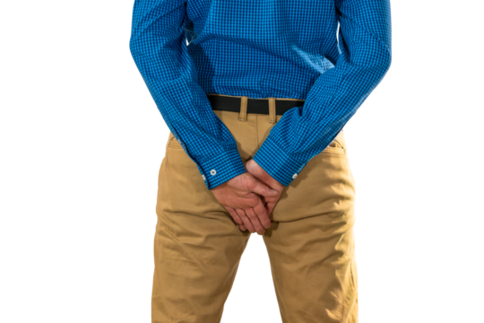 Male adult with both hands shielding buttocks area, suggesting discomfort or protection in health or social situations