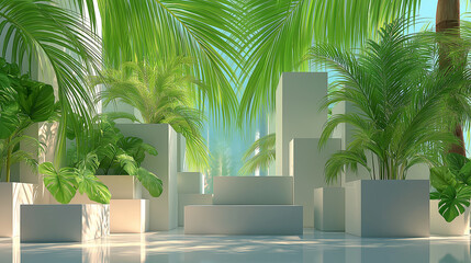 Fototapeta premium Tropical Cosmetic Podium with Soft Shadows and Natural Light – Minimal Skincare Display Background