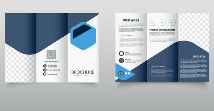 Corporate Trifold Brochure Template. Clean and professional trifold brochure design with blue accents, ideal for corporate, real estate, or business marketing purposes