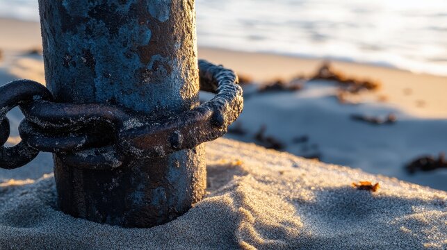 Rusty Metal Pole Secured with Chain on Sandy Beach at Sunset