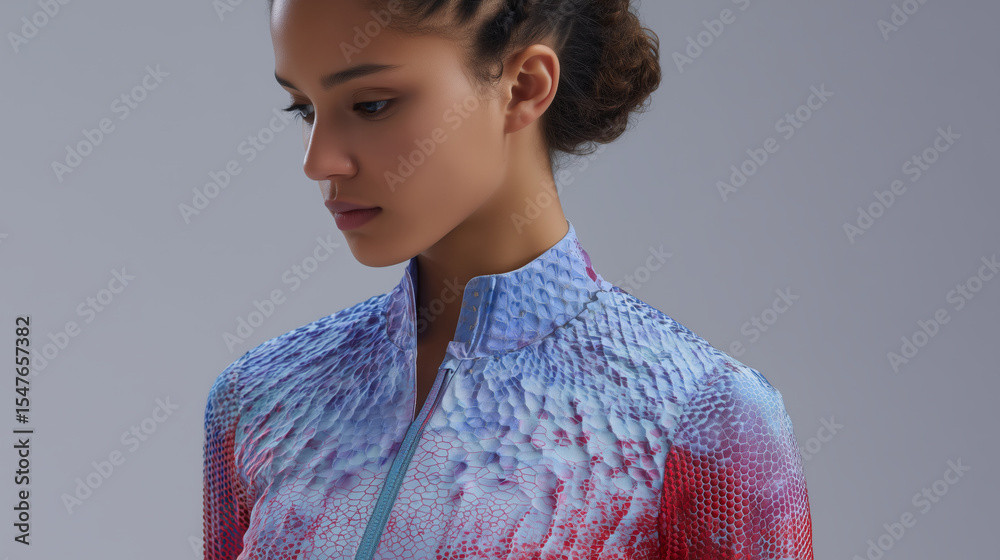 Poster a model is wearing a vibrant, textured fabric outfit that changes color and pattern under light. the