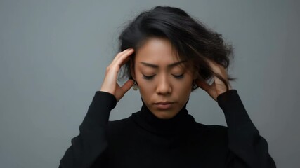 A woman with her hands on her head. She is wearing a black shirt. Concept of sadness or frustration