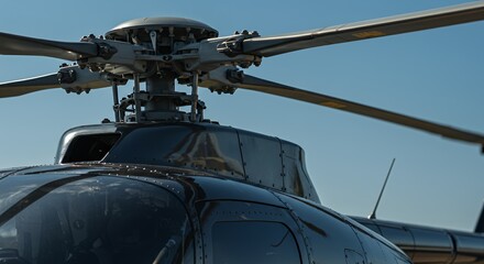 Sleek Black Helicopter Rotor Head and Main Rotor Blades Against a Clear Blue Sky