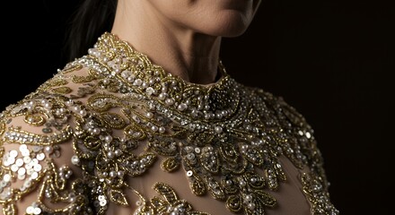 Exquisitely Embroidered Neckline: A Close-Up of Opulent Beaded Gown Detail