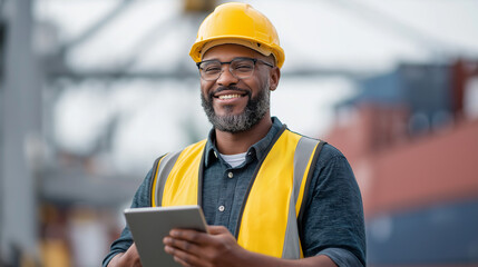 Smiling African American Engineer in Hard Hat at Container Terminal