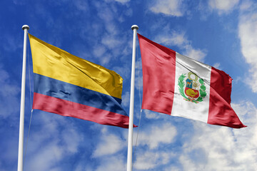 Title: Colombian and Peruvian flags proudly wave together, symbolizing international relations, friendship, and cultural exchange.