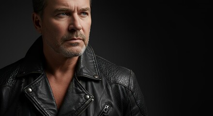 Obraz premium Pensive Middle-Aged Man in Black Leather Jacket, Dramatic Low-Key Portrait