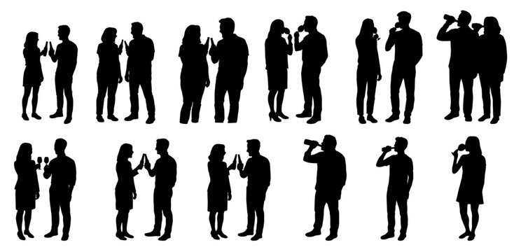 Man and woman drinking beer and wine silhouette, friends having a drink, celebration, champagne glasses - Powered by Adobe
