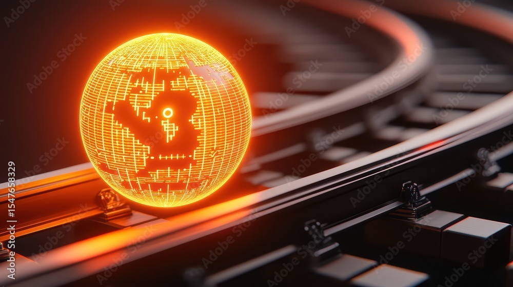 Poster glowing digital globe on curved rails with abstract patterns and illuminated lines