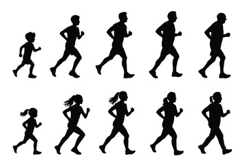 Running people, Runners of different ages are running, children, young people and senior are running silhouette