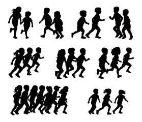 Running kids silhouettes vector, children playing and activity, children in silhouette running 