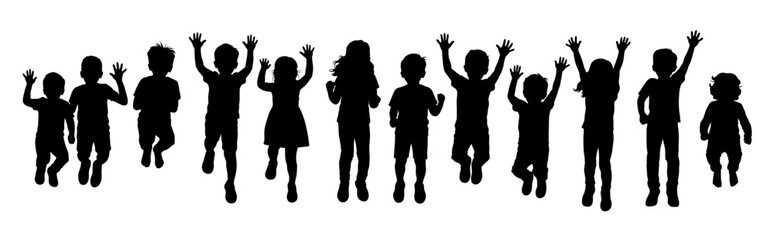 Happy kids jumping silhouette, active child jumping, cheerful kids playing