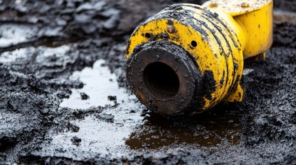 Close-Up of Yellow Pump in Black Oil and Muddy Environment