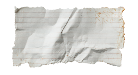 Torn lined notebook paper with crumpled texture and stained edges, ripped sheet of ruled paper element for collage, scrapbooking, or digital design, isolated on transparent background.

