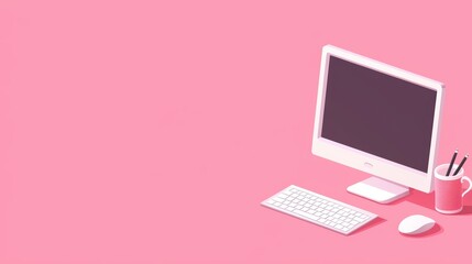 Stylish and Minimalist Workspace with Computer Setup on Pink Background for Modern Office Aesthetic