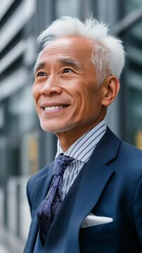 A man in a blue suit and tie stands in front of a building. He has a serious expression on his face