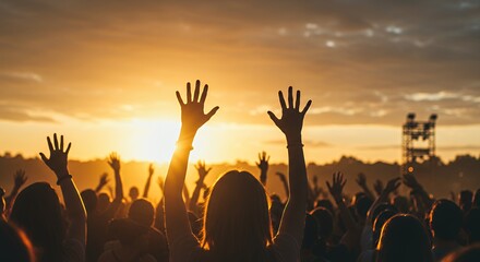 Crowd Raising Hands at Sunset Event with Vibrant Sky